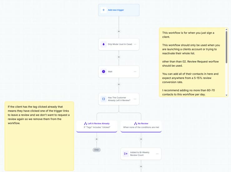 GoHighLevel workflow canvas: review reactivation drip with wait step and 'already left a review?' branch